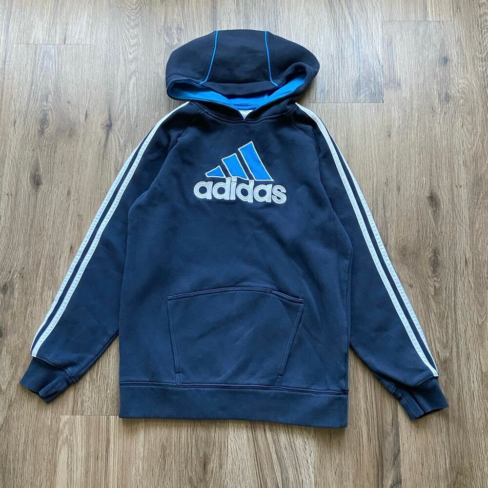 Adidas Logo Hoodie Youth Boys Large Blue Pullover Fleece Sweatshirt 3 Stripe